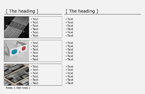 Black lines, 2 vertical with 3 sub-items, pictures and text