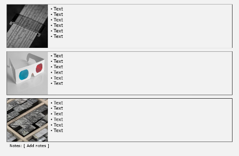 Black line, 3 rows with pictures and text