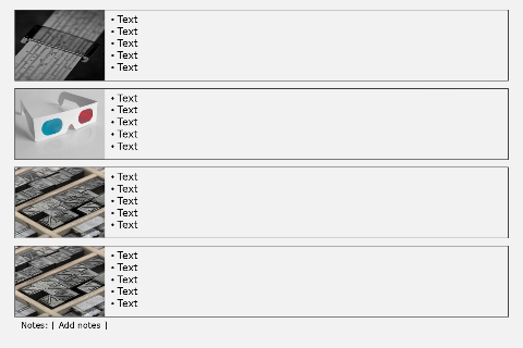 Black line, 4 rows with pictures and text